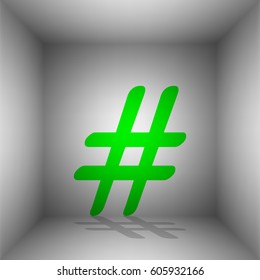 Hashtag sign illustration. Vector. Green icon with shadow in the room.