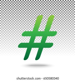 Hashtag sign illustration. Vector. Green gradient icon with shadow at bottom on transparent and white background.