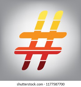Hashtag sign illustration. Vector. Horizontally sliced icon with colors from sunny gradient in gray background.