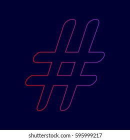 Hashtag sign illustration. Vector. Line icon with gradient from red to violet colors on dark blue background.