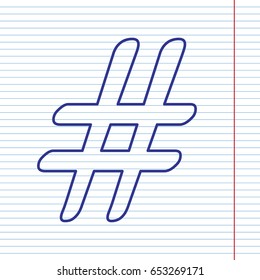 Hashtag sign illustration. Vector. Navy line icon on notebook paper as background with red line for field.