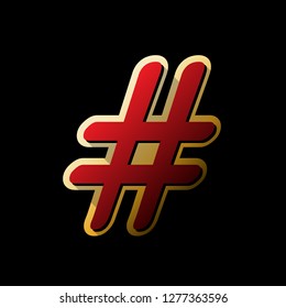 Hashtag sign illustration. Vector. Red icon with small black and limitless shadows at golden sticker on black background.