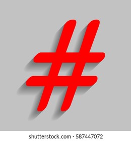 Hashtag sign illustration. Vector. Red icon with soft shadow on gray background.