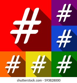 Hashtag sign illustration. Vector. Set of icons with flat shadows at red, orange, yellow, green, blue and violet background.