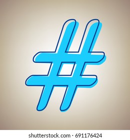 Hashtag sign illustration. Vector. Sky blue icon with defected blue contour on beige background.