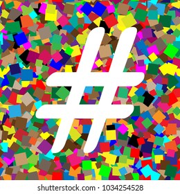 Hashtag sign illustration. Vector. White icon on colorful background with seamless pattern from squares.