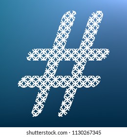 Hashtag sign illustration. Vector. White textured icon at lapis lazuli gradient background.