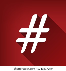 Hashtag sign illustration. Vector. White icon with limitless shadow at ruby red background.