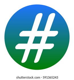 Hashtag sign illustration. Vector. White icon in bluish circle on white background. Isolated.