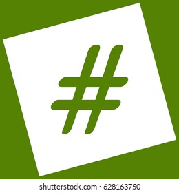 Hashtag sign illustration. Vector. White icon obtained as a result of subtraction rotated square and path. Avocado background.