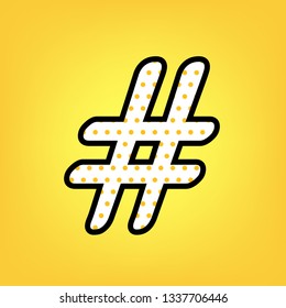 Hashtag sign illustration. Vector. Yellow polka dot white icon with black contour at warm yellow background.