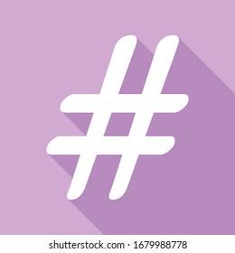 Hashtag sign illustration. White Icon with long shadow at purple background. Illustration.