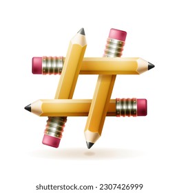 Hashtag sign made of school pencils, vector illustration