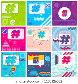 Hashtag Signs. Number Sign, Hash, or Pound Sign. Collection of 9 Colorful Illustrations with Symbols in Memphis Style. Vector illustration