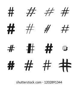 Hashtag signs. Number sign, hash sign. Collection of 16 black symbols isolated on a transparent background 