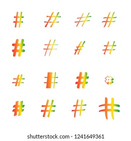 Hashtag signs. Number sign, hash sign. Collection of 16 color symbols isolated on a transparent background 