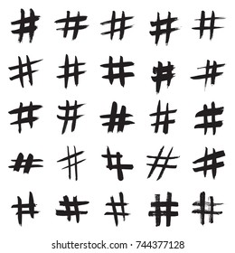 Hashtag signs. Number sign, hash, or pound sign. Collection of 25 black hand painted symbols isolated on a white background. Vector illustration