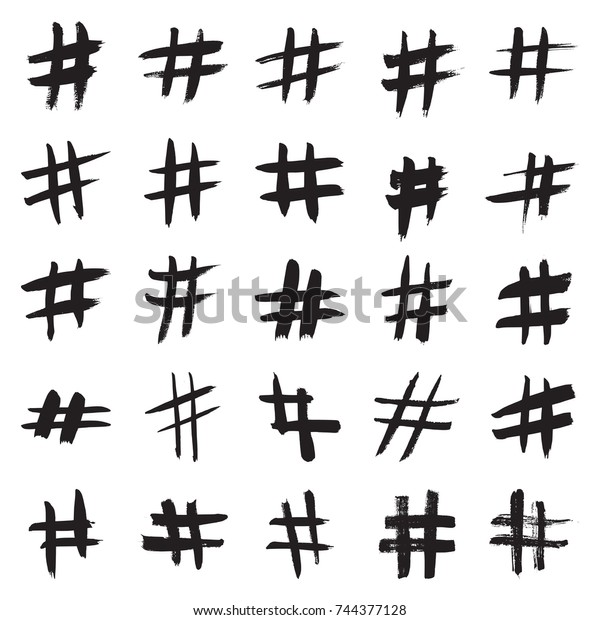 Hashtag signs. Number sign, hash, or pound\
sign. Collection of 25 black hand painted symbols isolated on a\
white background. Vector\
illustration