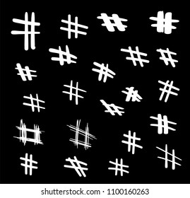 Hashtag signs set. Modern social symbols isolated on a white background. Collection hand painted hash tag symbols isolated on black background. Vector illustration