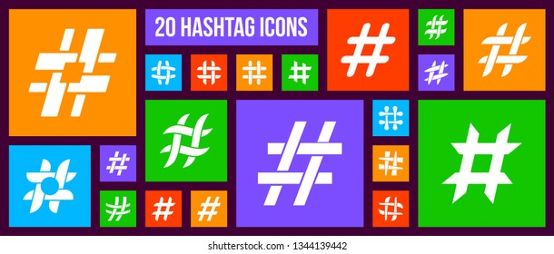 Hashtag silhouette icons set. Isolated web sign kit of social media. Hash Tag pictograms includes post blog, square bubble, ad information. Simple white contour symbol. Hashtag vector Icon shape