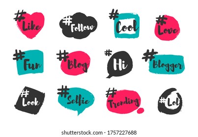 Hashtag social logo flat icon set. Fun blog slang banners and post tag design vector illustration collection. Social media, conversation and communication concept