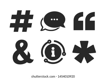 Hashtag social media and ampersand symbols. Chat, info sign. Quote, asterisk footnote icons. Programming logical operator AND sign. Classic style speech bubble icon. Vector