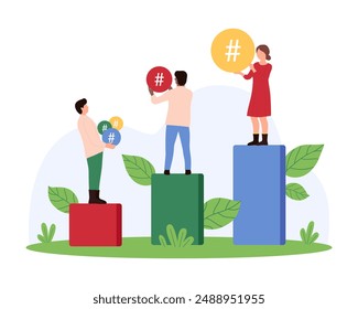 hashtag in social media chat messenger and blog post, viral marketing. Tiny people follow trends and share interesting thoughts, holding hash tag signs on chart growth cartoon vector illustration