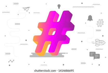 Hashtag social media tech, Social network marketing trending, Digital social online sharp icon, Digital technology banner pink purple yellow, Vector illustration abstract background 3d texture concept