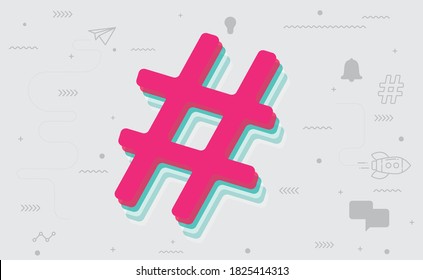 Hashtag social media tech, Social network marketing trending, Digital social online sharp icon, Digital technology banner pink green, Vector illustration abstract background 3d texture concept