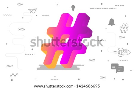 Hashtag social media tech, Social network marketing trending, Digital social online sharp icon, Digital technology banner pink purple yellow, Vector illustration abstract background 3d texture concept