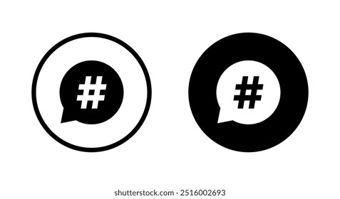 Hashtag: ícone de balão de fala em círculo preto. Elemento de mídia social
