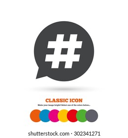 Hashtag speech bubble sign icon. Social media symbol. Classic flat icon. Colored circles. Vector