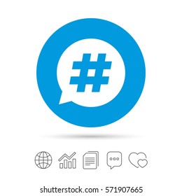 Hashtag speech bubble sign icon. Social media symbol. Copy files, chat speech bubble and chart web icons. Vector