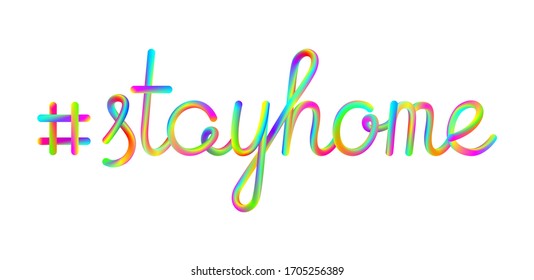 hashtag stay home calligraphic hand-writing bold vibrant colorful lettering text isolated on white background, stock vector illustration clip art heading