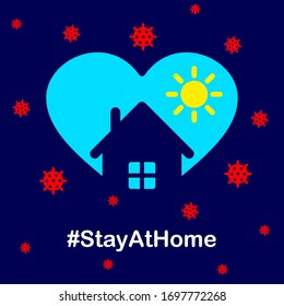 hashtag stay home. heart icon and home symbol protects against virus, coronavirus, Covid 19 on a blue background. concept of protecting people in a pandemic around the world 