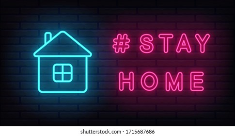 Hashtag stay home vector bright neon multicolor signboard. Editable color and brightness signs letters icons symbols. Coronavirus, protection, covid 19, quarantine, pandemic self isolation, save lives
