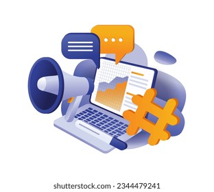 Hashtag strategy for digital marketing flat and isometric illustration