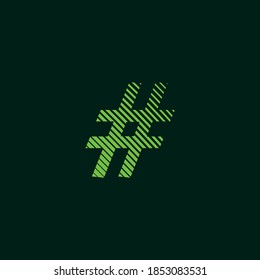 Hashtag symbol, green texture with sloping lines, speed and movement