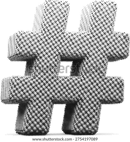hashtag symbol halftone risograph trending tag social media grunge retro offset print screentone monochrome typography character font metadata