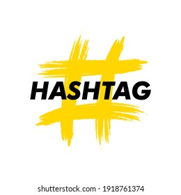 Hashtag symbol hand drawn by brush with hashtag inscription. Vector illustration. Black and white composition of the symbol hashtag.