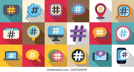  Hashtag symbol icons set. Colorful hashtag icons representing online conversations and trending topics on various social media platforms