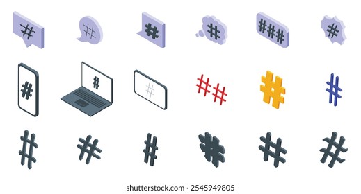 Conjunto de ícones de símbolo de hashtag. Conjunto de ícones de hashtag representando tendências de mídia social, marketing e comunicação on-line