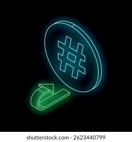 Hashtag symbol inside a coin with a return arrow below, suggesting cashback or refund for social media marketing