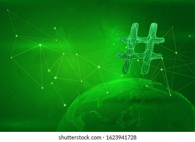 hashtag symbol over a polygonal planet, on a green background. global data calculation