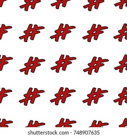 Hashtag symbol in red outlined in black, over a white background - seamless vector repeating pattern