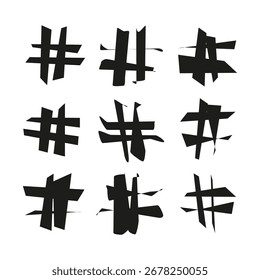 Conjunto de símbolos de etiqueta. Estilo dibujado a mano. Iconos de redes sociales. Ilustración de boceto de Vector. EPS 10.