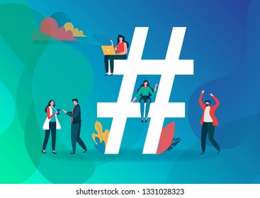Hashtag Symbol vector illustration. Group of people on social media. Flat cartoon character graphic design. Landing page template,banner,flyer,poster,web page