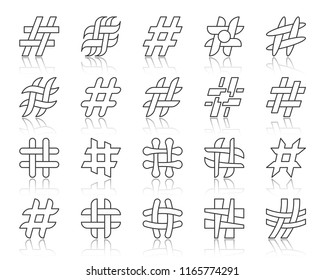 Hashtag thin line icon set. Outline web sign kit of social media. Hash tag linear icons includes messenger relevant viral, topic timeline. Simple hashtag symbol with reflection vector Illustration