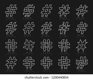 Hashtag thin line icon set. Outline web sign kit of social media. Hash tag linear icons includes messenger relevant viral, topic timeline. Simple hashtag symbol with reflection vector Illustration