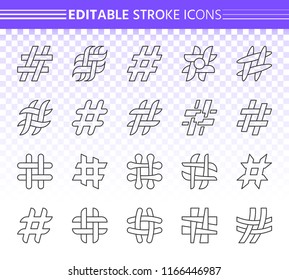 Hashtag thin line icons set. Outline web sign kit of social media. Hash Tag linear icon collection post blog, post blog, square bubble Editable stroke without fill Hashtag simple contour vector symbol